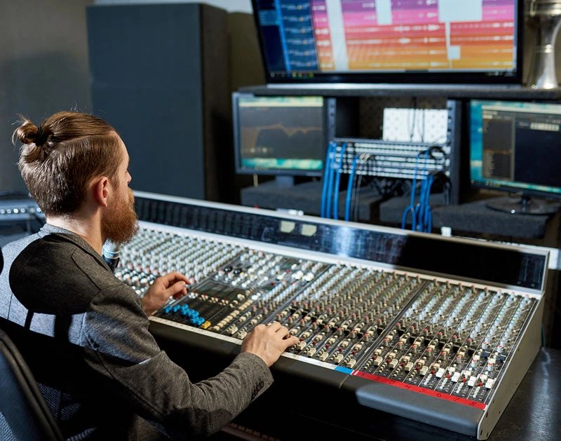 Sound engineer mixing live audio at a console during an event
